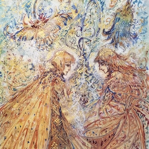 オリジナルハート水彩画 気まぐれなファンタジー 夢のような風景 ロマンチックな花のモチーフ 中世の装飾写本風アートワーク カップル