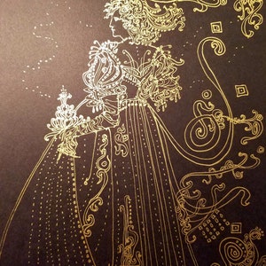 Geef opdracht voor een aangepaste tekening Fantasy-inkt portret originele handgemaakte sierlijke lineart gepersonaliseerde illustratie art nouveau deco middeleeuwse stijl