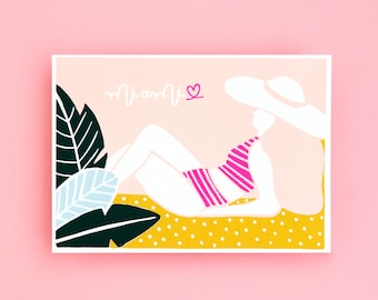 MIAMI SUNBATHER Screen Printed Postcard