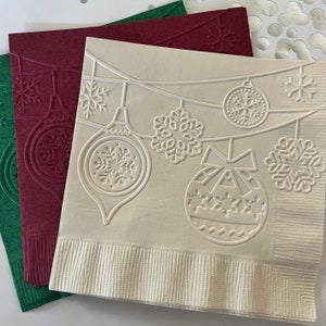 Christmas Ornament Napkin ~ Embossed Napkin ~ Christmas Wedding ~ Ornaments ~ Christmas Tree ~ Beverage ~ Cocktail
