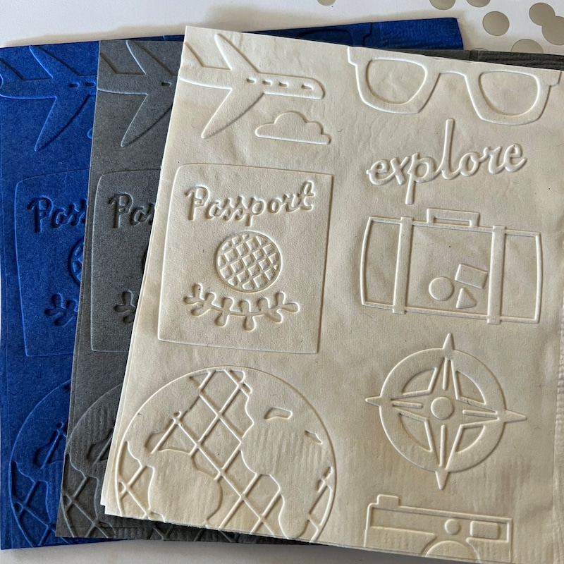 Travel Napkin ~ Embossed Napkin ~ Party ~ Birthday ~ Plane ~ Retirement ~ Passport ~ Adventure ~ Abroad ~ Beverage ~ Cocktail