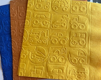 Truck Napkin ~ Embossed Napkin ~ Construction Theme ~ Tractor ~ Police Car ~ Fire Truck ~ Heavy Equipment ~ Beverage ~ Cocktail ~ Luncheon