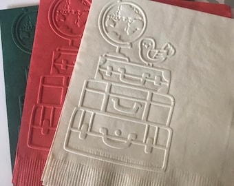 Suitcase Napkin ~ Embossed Paper Napkin ~ Bon Voyage ~ Open House ~ Retirement ~ Travel ~ Adventure ~ Map ~ Beverage ~ Cocktail