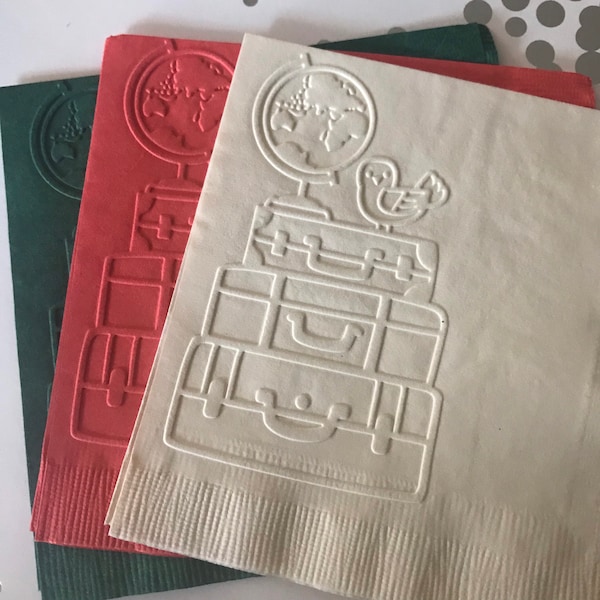 Suitcase Napkin ~ Embossed Paper Napkin ~ Bon Voyage ~ Open House ~ Retirement ~ Travel ~ Adventure ~ Map ~ Beverage ~ Cocktail