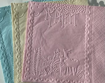 Woodland Creatures Napkin ~ Embossed Napkin ~ Deer ~ Woods ~ Stars ~ Gender Reveal ~ Baby Forest Animals ~ Beverage ~ Cocktail