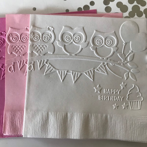 Anniversaire des bois ~ Serviette hibou ~ Serviette en papier gaufré ~ Créatures forestières ~ Joyeux anniversaire ~ Boisson ~ Cocktail ~ Serviette à gâteau