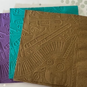 Musical Napkins ~ Embossed Paper Napkin ~ Saxophone ~ Trumpet ~ Band ~ Trombone ~ Guitar ~ Music ~ Keyboard ~ Concert ~ Beverage ~ Luncheon