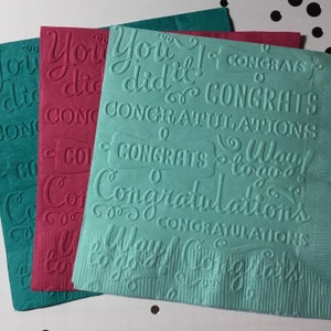 Congratulations Napkins ~ Embossed Napkin ~ Graduation ~ Celebration ~ Commencement ~ Open House ~ Retirement ~ Beverage ~ Cocktail