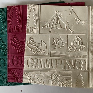 Camping Napkins ~ Embossed Napkin ~ Nature ~ Woods ~ Tent  ~ Canoe ~ Trees ~ Outdoors ~ Beverage ~ Cocktail