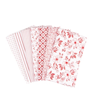 May include: A collection of white fabric squares with various red patterns, including floral, geometric, and striped designs. The fabrics are arranged in a fan shape, showcasing the different patterns and textures. Ideal for quilting or crafting projects.