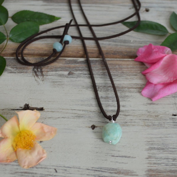 Faceted amazonite gemstone choker lariat necklace | chocolate deerskin lace | gemstone pendant |