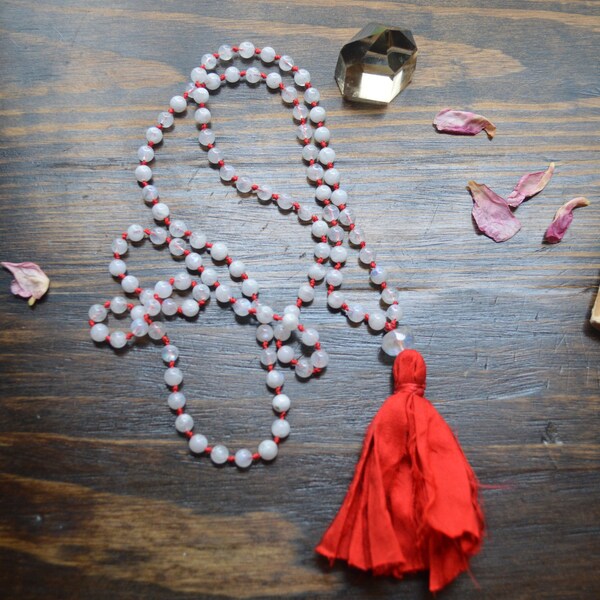 Knotted Rainbow Moonstone 108 Mala Beads ~ 108 Moonstone mala beads | knotted mala necklace | knotted 108 white moonstone mala beads