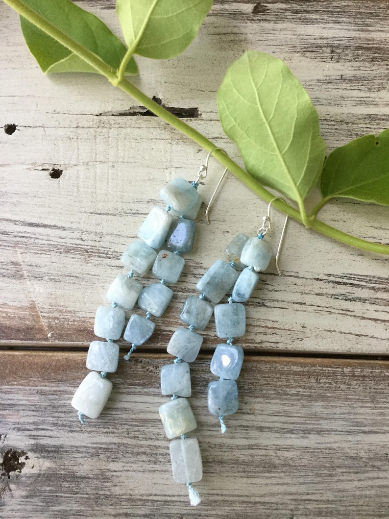 Handknotted Blue Gemstone chandelier earrings ~ aquamarine knotted chandelier earrings ~ handknotted aquamarine earrings