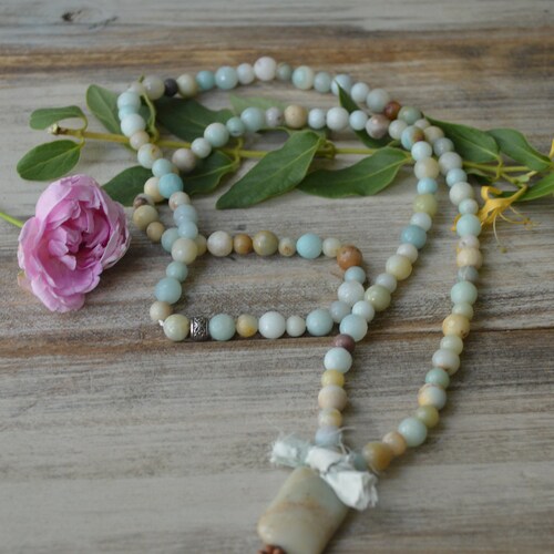 108 colorful amazonite mala beads | 108 gemstone mala necklace | sandalwood tassel necklace | yoga meditation shops beads | tassel mala necklace