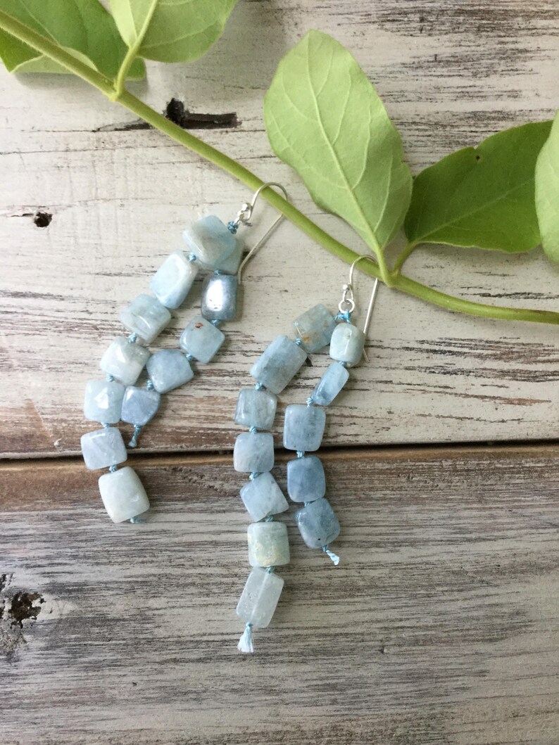 Handknotted Blue Gemstone chandelier earrings ~ aquamarine knotted chandelier earrings ~ handknotted aquamarine earrings