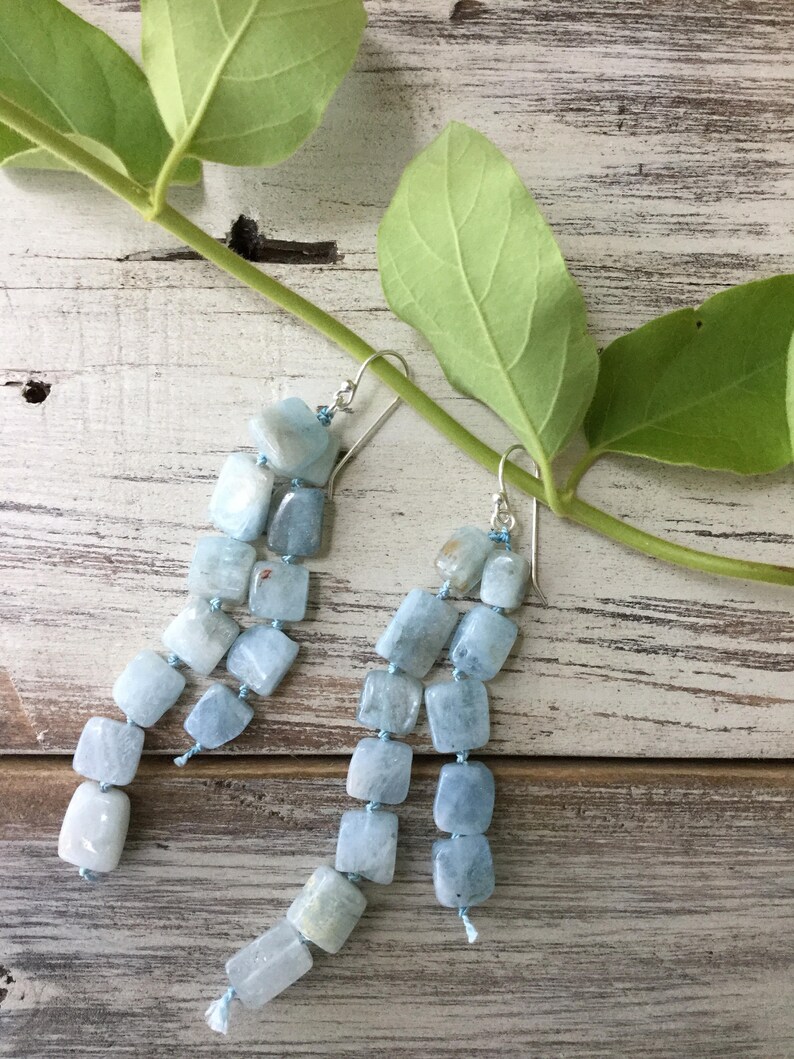 Handknotted Blue Gemstone chandelier earrings ~ aquamarine knotted chandelier earrings ~ handknotted aquamarine earrings