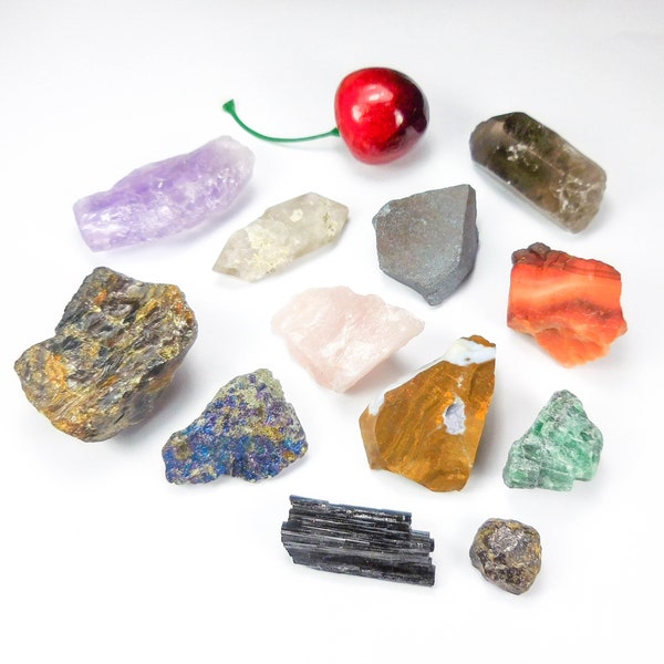 Gemstone Collection - 12 Rough Stone Mixed Lot - Natural Crystals Set Assorted Minerals Kit Raw Crystal Specimens (T9A) Gemstones Rock Sets