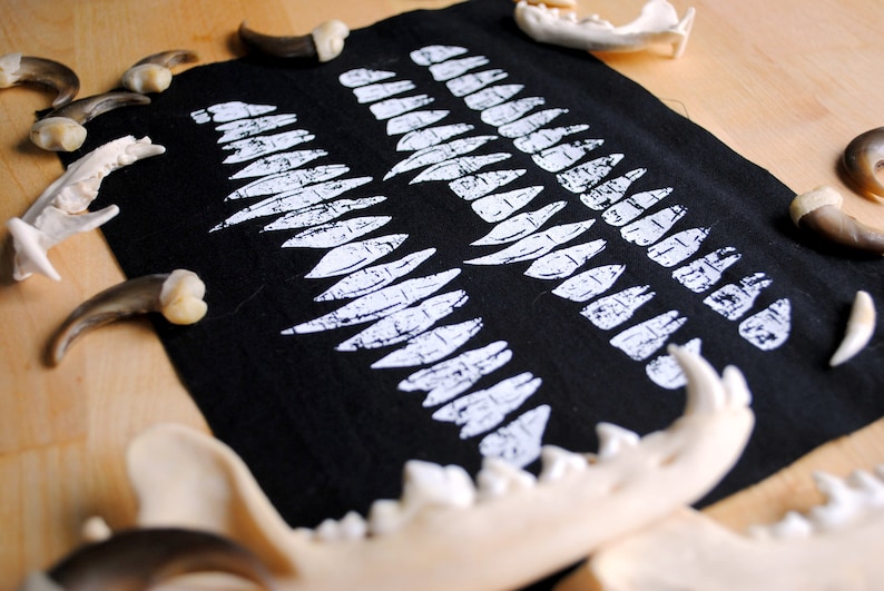 May include: A black fabric with a white print of rows of teeth. The fabric is surrounded by various animal bones and claws.