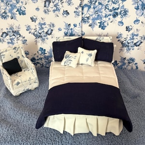 Doll House Queen size bed with bedding and Side Chair set. 1:12 scale