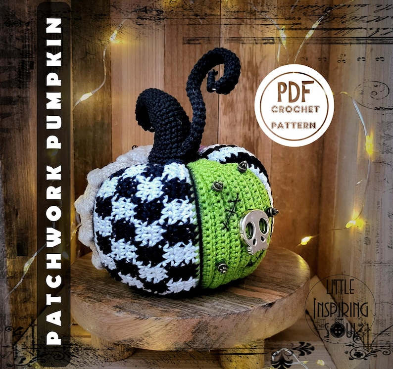 May include: A crocheted patchwork pumpkin with a black and white checked pattern, green body, and a black stem. The pumpkin has a skull-shaped button and is sitting on a wooden surface. The text "PDF CROCHET PATTERN" is visible in a circle.