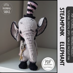 Peut inclure: Un modèle de crochet pour un amigurumi d'éléphant steampunk. L'éléphant est gris avec des accents noirs et porte un chapeau haut de forme noir à rayures roses et noires. Le modèle est disponible en téléchargement numérique PDF.