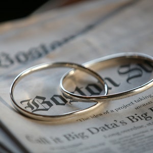 May include: Two silver bangles, interlocked, rest on a newspaper with the headline "Boston Sunday." The newspaper's text is partially visible, with the words "Big Data's Big Dig" and the name "Michael Krigsman" discernible. The bangles are circular and reflective.