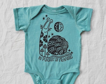 Serenity Snail Baby Bodysuit, hippie baby, gender neutral, baby announcement, gift for baby, Snail onepiece, in pursuit of meaning