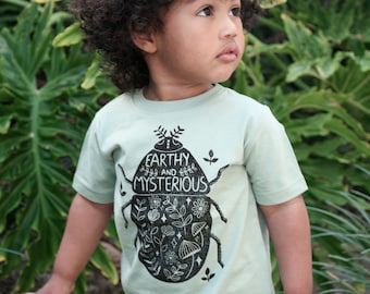 Down to Earth Beetle Kids Tee Shirt, Boho Kids clothes, Hippie child, Beetle shirt, Hippie shirt, Mushrooms shirt, Bug tee, Sage Green Shirt