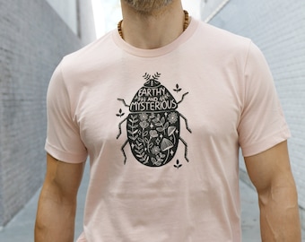 Unisex adult tee shirt, Hippie Tee shirt, Beetle shirt, gift for him, boho shirt, Earthy Tee, Mushrooms shirt, Peach color tee shirt