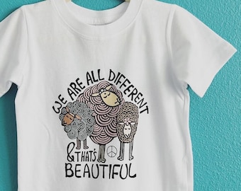 We are all different and that's Beautiful, Sheep shirt, Yoga Tee, Birthday Shirt, Farmhouse Tee, Hippie Child, Vegan Kids Shirt, Hippie gift