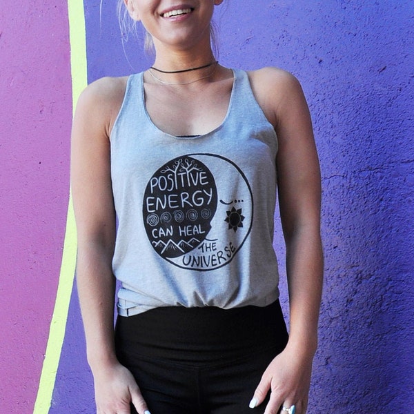 Women's Boho top, Yoga tank top, Hippie shirt, Positive vibes, Racerback tank top, Yoga clothes, Moon shirt, Yoga gift for her