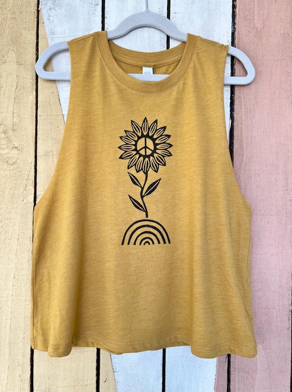 Women's Sunflower Top, Positive vibes shirt, Sunflowers shirt, racerback tank, Crop Top, relaxed tank, Yoga top, Gift for her, Hippie top