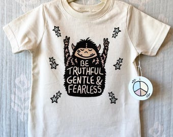 Yeti Kids Tee Shirt, Truthful Gentle Fearless, Boho Hippie Clothes