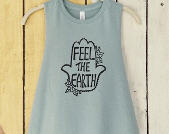 Feel the Earth Women’s Crop Top, Hamsa hand, Earth day shirt, Earthing shirt, relaxed tank top, Yoga Gift for her, Hippie festival top