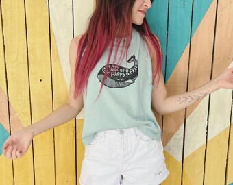 Mantra Whale women's yoga top, Hippie festival tank, may all beings be happy and free