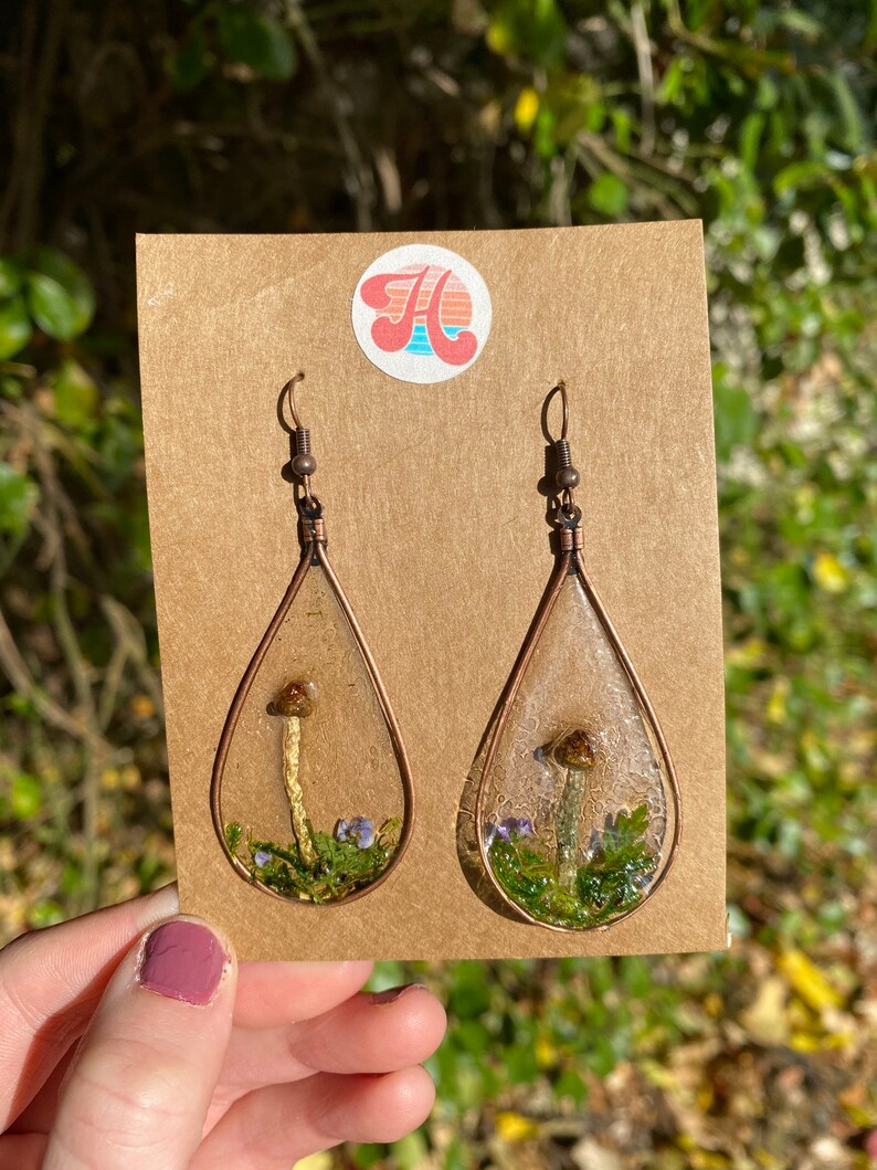Large Real Mushroom /& Moss Earrings
