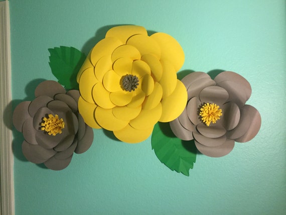 Set Of 3 Large Paper Flowers Yellow Grey Backdrop Decor Room
