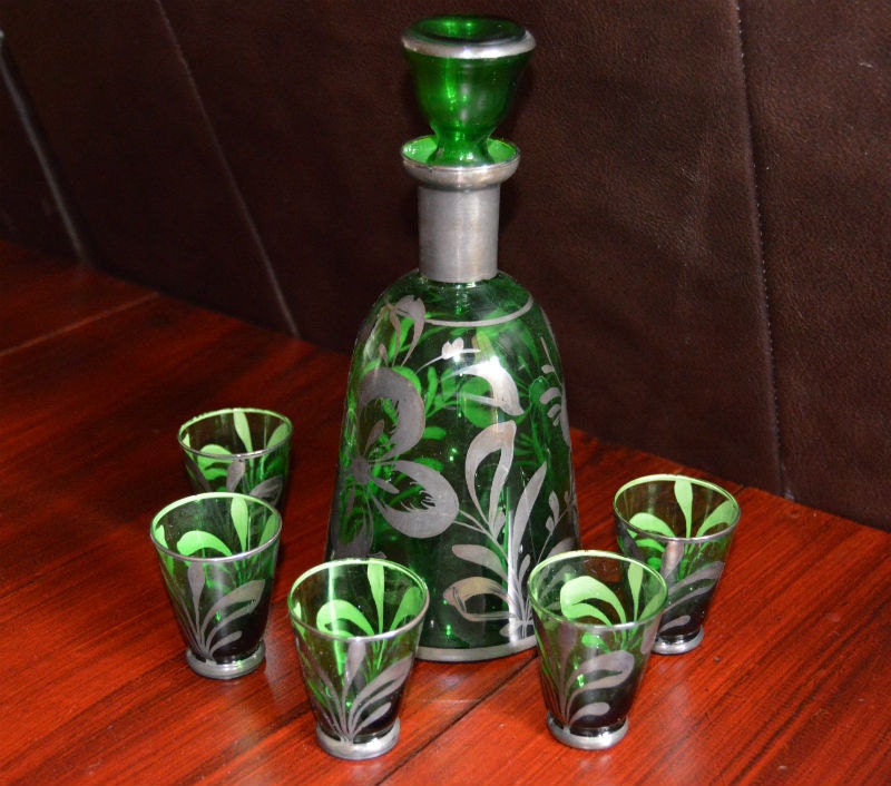 Vintage Green Glass Decanter Set with Silver Overlay Etsy