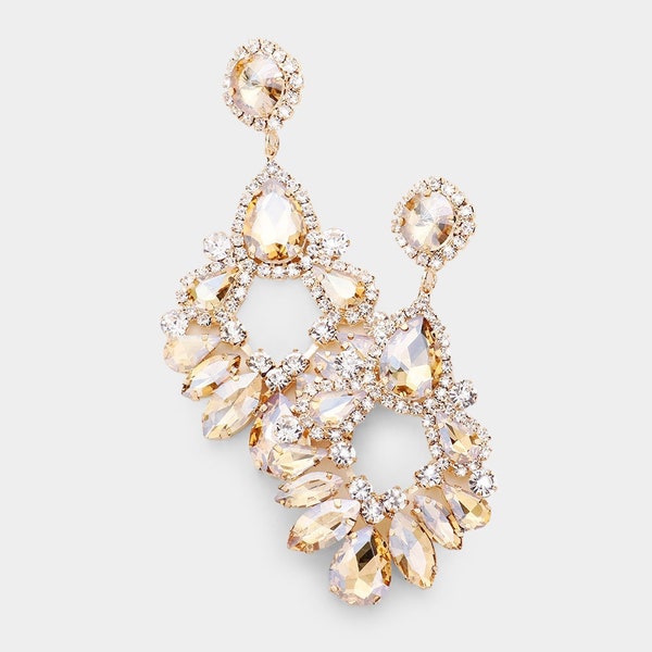 Long Gold Stone Chandelier Earrings| Big Gold Stone Earrings| Long Gold Stone Pageant Earrings| Gold Stone | Topaz Earrings | 2133