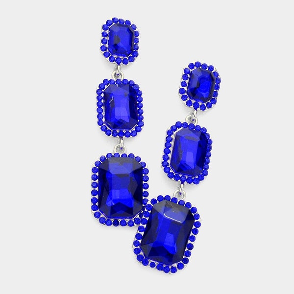 Sapphire Triple Emerald Cut Link Dangle Earrings | Sapphire Pageant Earrings | Royal Blue Prom Earrings | Sapphire Earrings | 0281