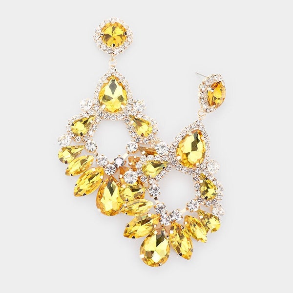 Long Yellow Chandelier Earrings| Big Yellow Earrings| Long Yellow Pageant Earrings|Yellow Statement Earrings|Yellow Prom Earrings| 2133