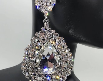Women Chunky Jewelry Multi Color Rhinestone Clip-on Gold Statement Chandelier Earrings Pageant Drag Queen Wedding Bridal