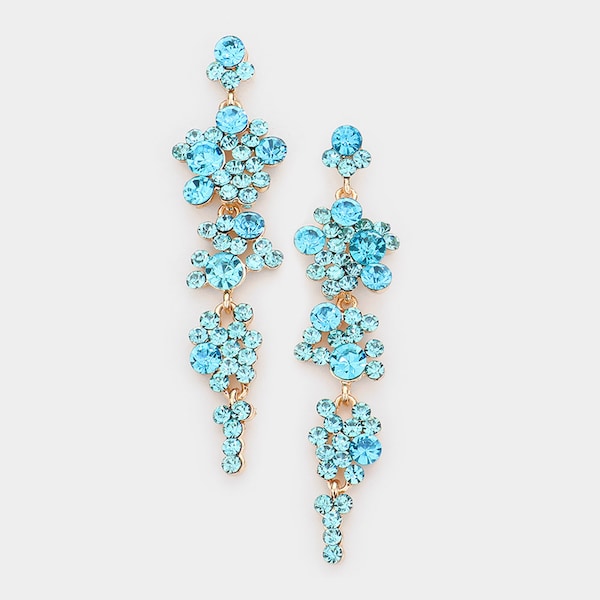 Crystal Aqua Rhinestone Pageant Earrings | Crystal Aqua Rhinestone Prom Earrings | Long Aqua Crystal Rhinestone Earrings | 1475
