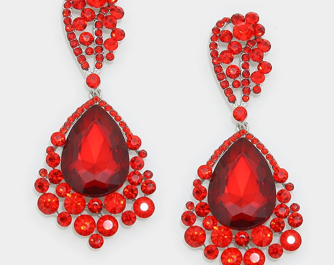 Red Crystal Earrings Big Red Earrings Large Red Earrings Etsy
