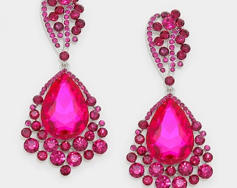 Big Fuchsia Earrings | Large Fuchsia Earrings | Fuchsia Pageant Earrings | Fuchsia Chandelier Earrings | Drop Earrings | 033487