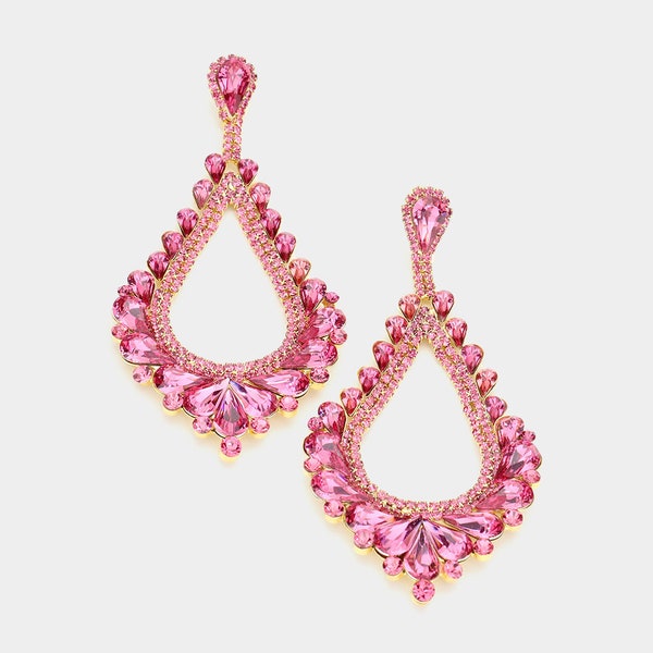 Long Pink Chandelier Earrings | Big Pink Crystal Earrings | Long Pink Pageant Earrings | Pink Statement Earrings| Pink Prom Earrings | 2143