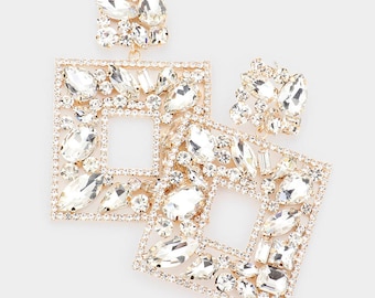 Large Crystal Chandelier Earrings on Gold | Crystal Square Chandelier Earrings on Gold | Pageant Earrings | Prom Earrings | 2429