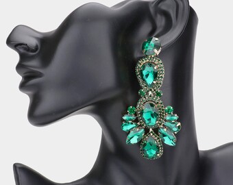 Large Emerald Chandelier Earrings | Long Green Chandelier Earrings | Big Emerald Earrings | Pageant Earrings | Prom Earrings | 1307