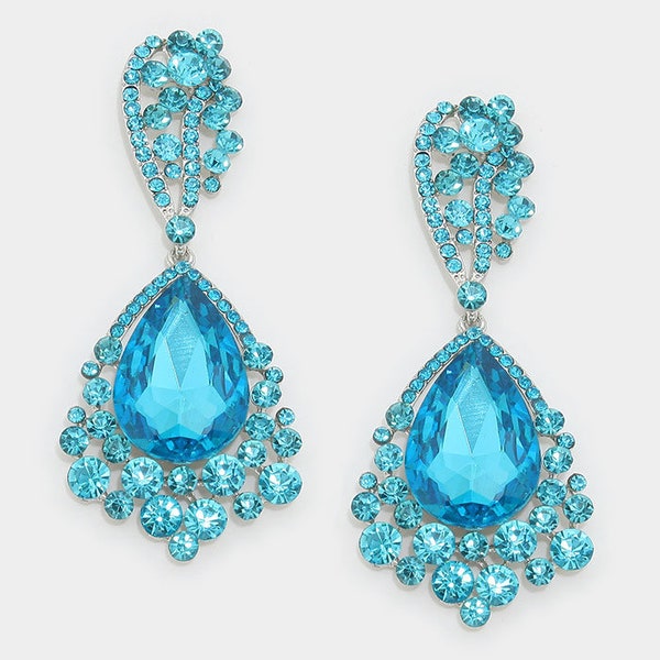 Big Aqua Earrings | Large Aqua Earrings | Aqua Pageant Earrings | Aqua Chandelier Earrings | Drop Earrings | 033487