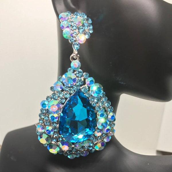 Aqua Earrings | Aqua Chunky Earrings | Large Aqua Earrings | Aqua Pageant Earrings | Aqua Prom Earrings| Bling Jewelry | Chunky Earrings